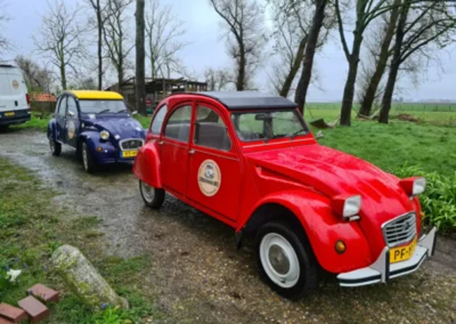 Rode en blauwe Citroën 2CV auto's geparkeerd op een regenachtige dag bij 2CV Hoeve Waterrijk