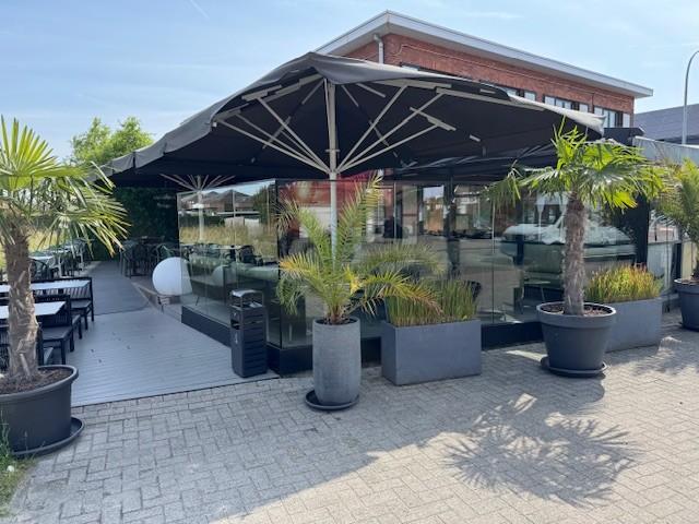 exterieur van taverne westhoek balen met moderne terrasopstelling en tropische palmbomen