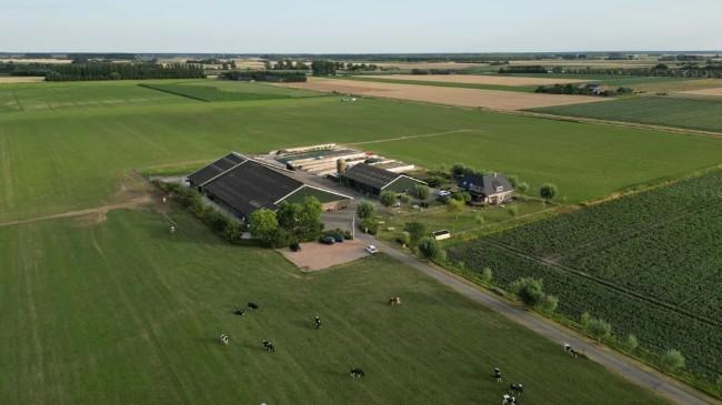 De Heerenhoeve Zuivelboerderij en IJssalon Oostburg – Luchtfoto van de boerderij en omliggende weiden