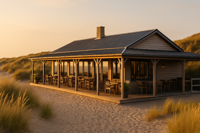 sfeervol paviljoen aan de kust met duinen bij paviljoen de duinrand