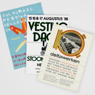 Vintage posters en flyers over cultureel festival en vesting dagen tentoonstelling