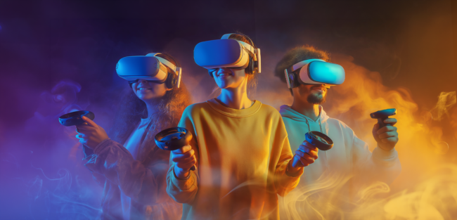 Drie mensen met vr-brillen en controllers in blauwe en oranje verlichting met rookachtige nevel, bij VR-World